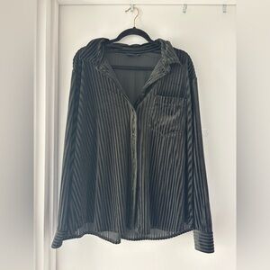 🖤Black Sheer Velvet Stripe Button Down Blouse Pleated Shirt XL